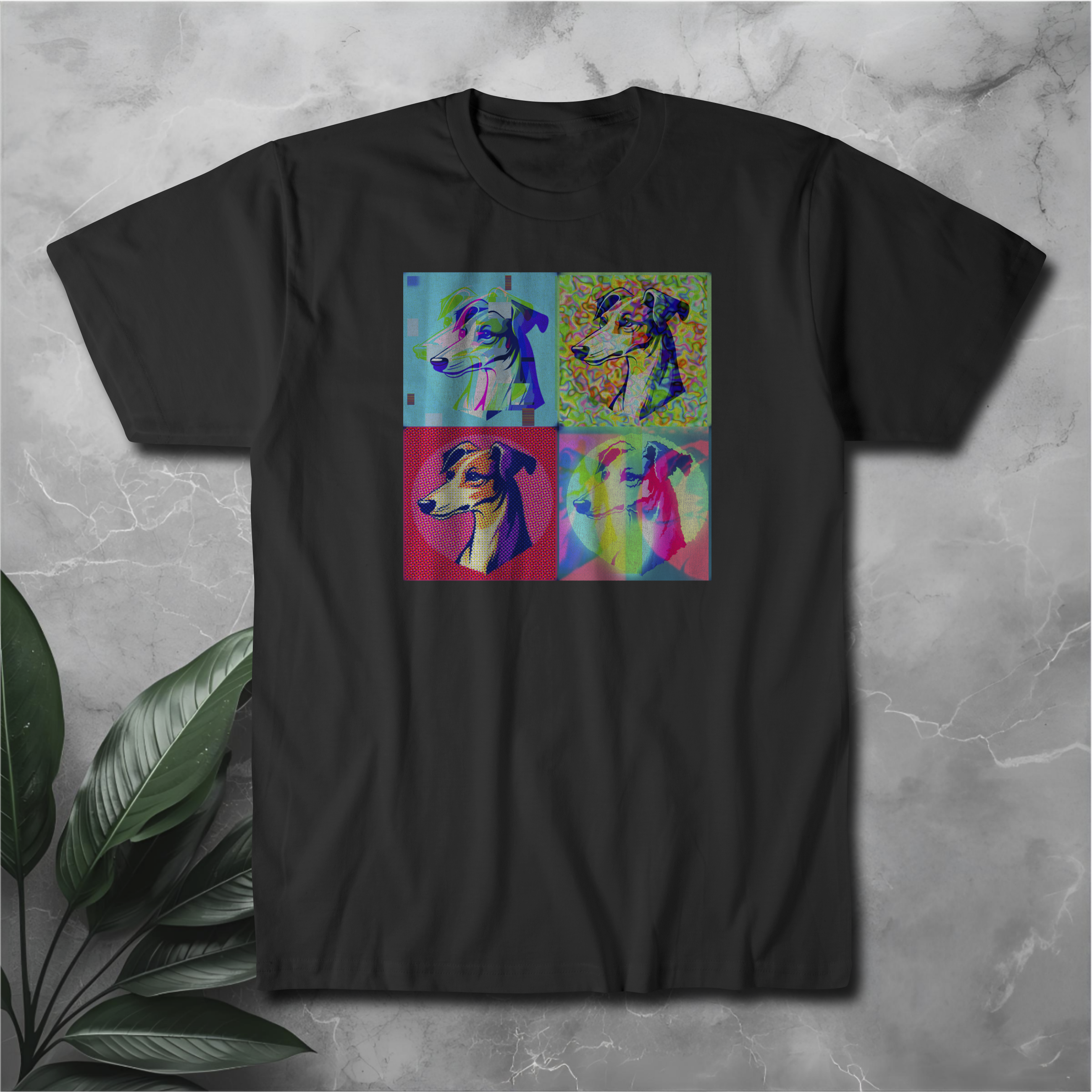 Pop Art Greyhound T‑Shirt – Colorful Dog Portrait Tee