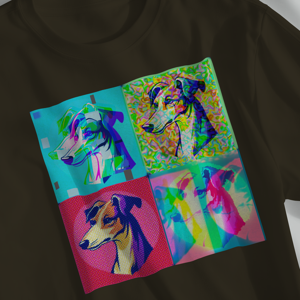 Pop Art Greyhound T‑Shirt – Colorful Dog Portrait Tee