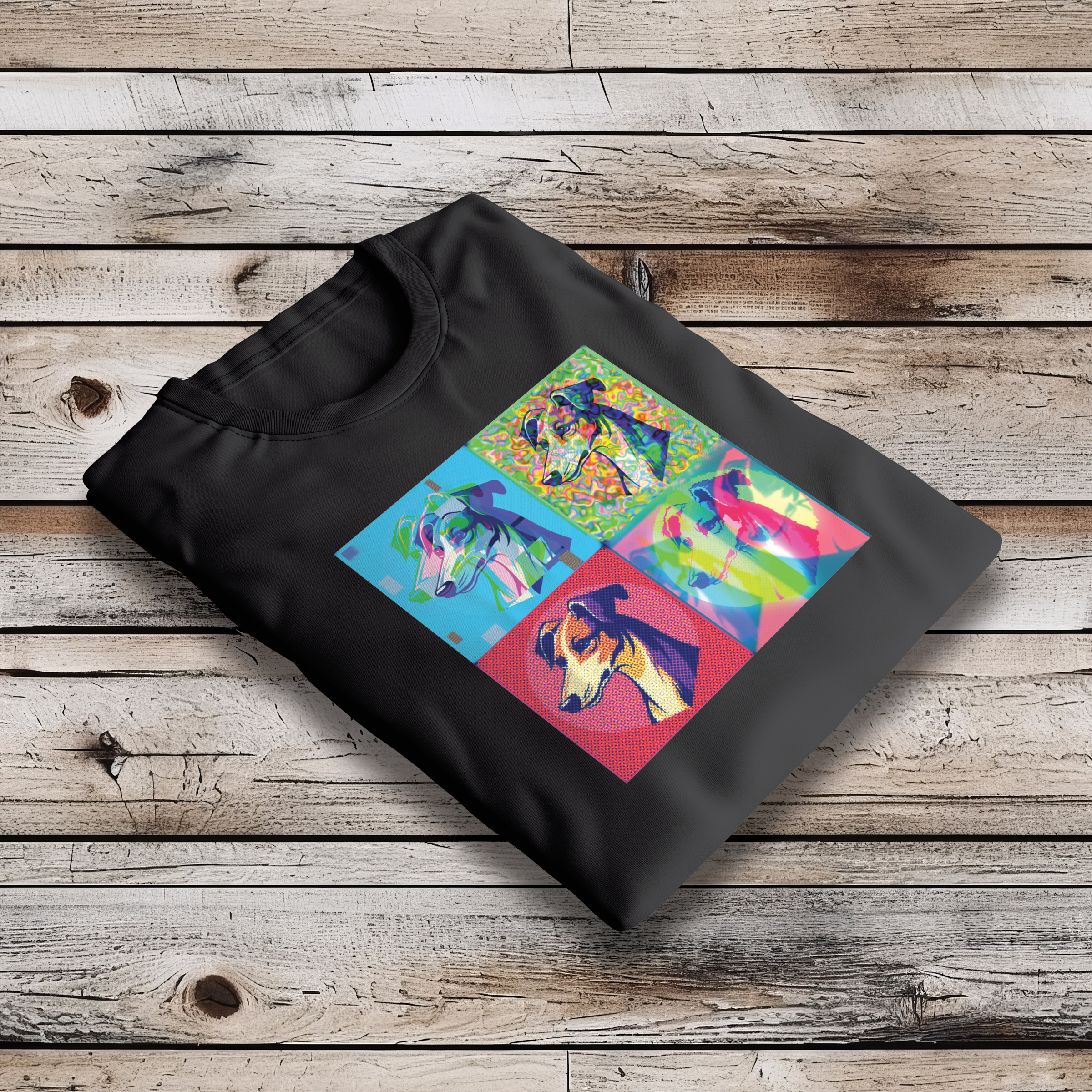 Pop Art Greyhound T‑Shirt – Colorful Dog Portrait Tee