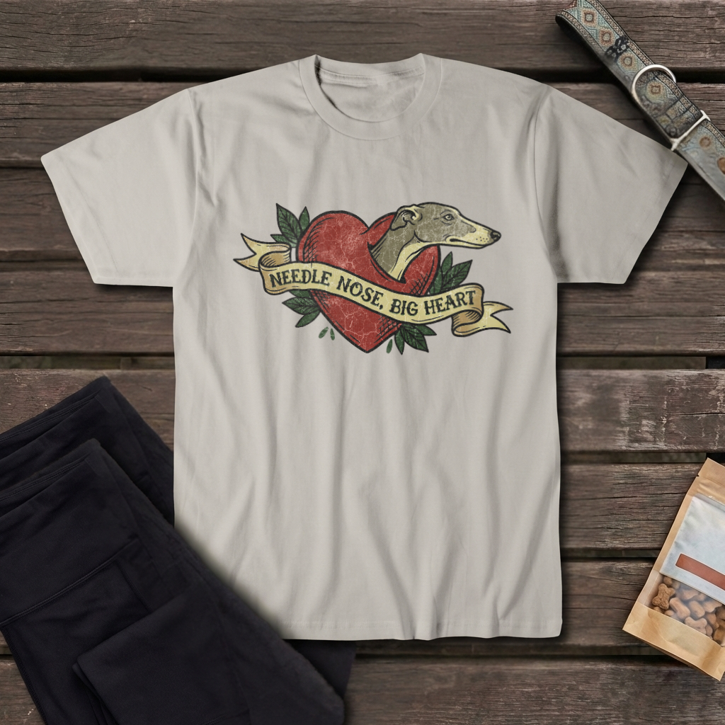 Greyhound Tattoo Tee — "Needle Nose, Big Heart" Dog Lover T-Shirt