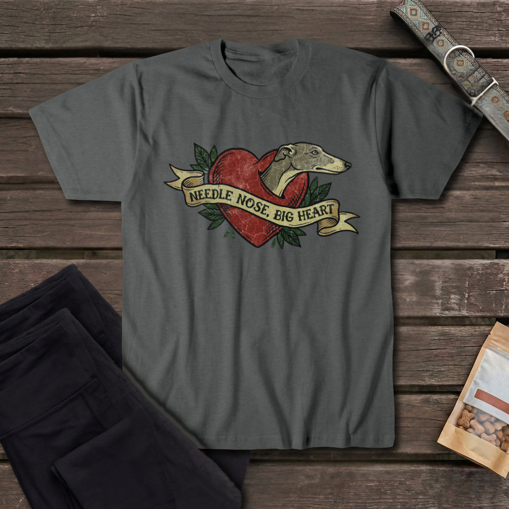 Greyhound Tattoo Tee — "Needle Nose, Big Heart" Dog Lover T-Shirt