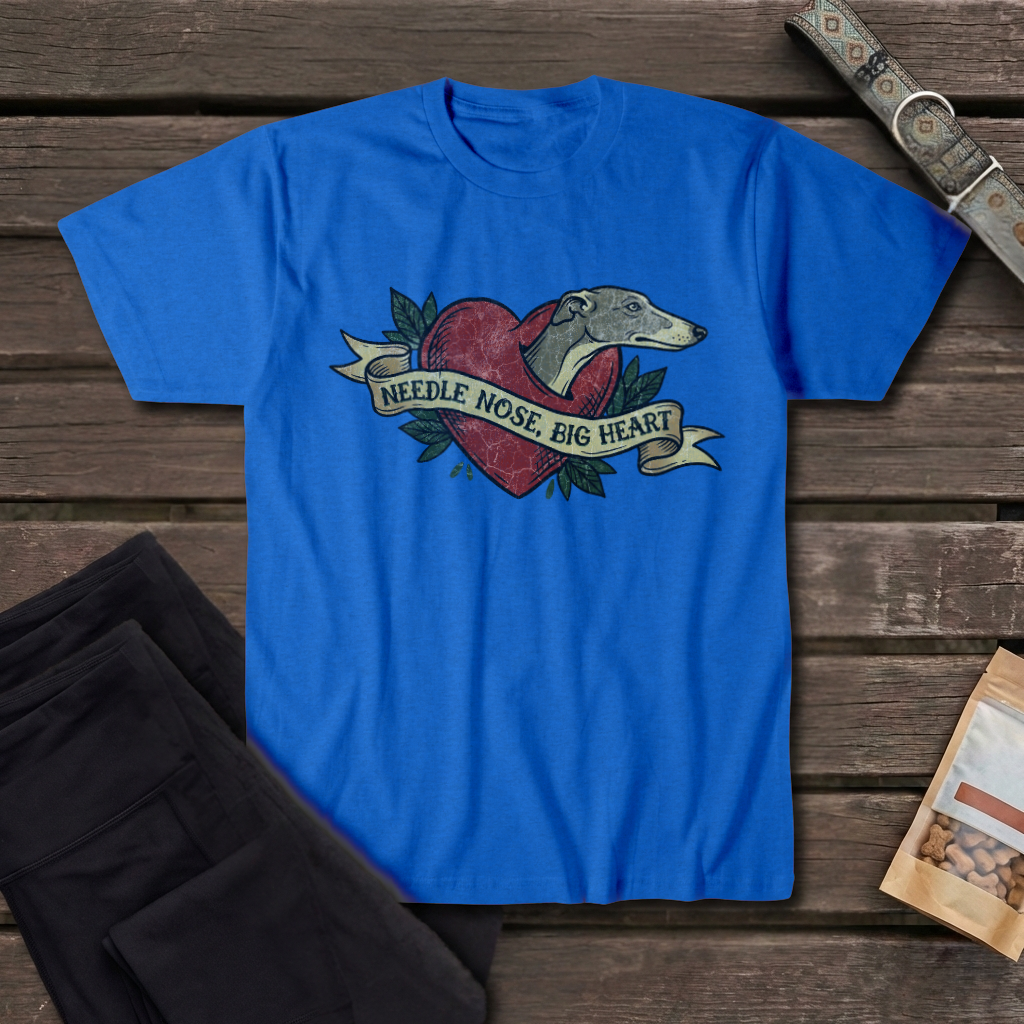 Greyhound Tattoo Tee — "Needle Nose, Big Heart" Dog Lover T-Shirt