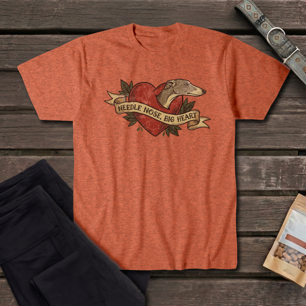 Greyhound Tattoo Tee — "Needle Nose, Big Heart" Dog Lover T-Shirt