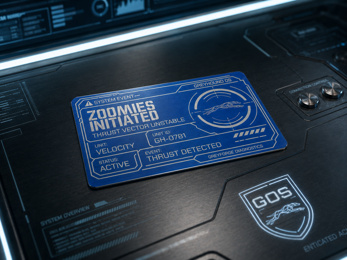 Greyforge Zoomies Initiated Diagnostic Card lying flat on a dark diagnostic console with engraved silver-white linework.