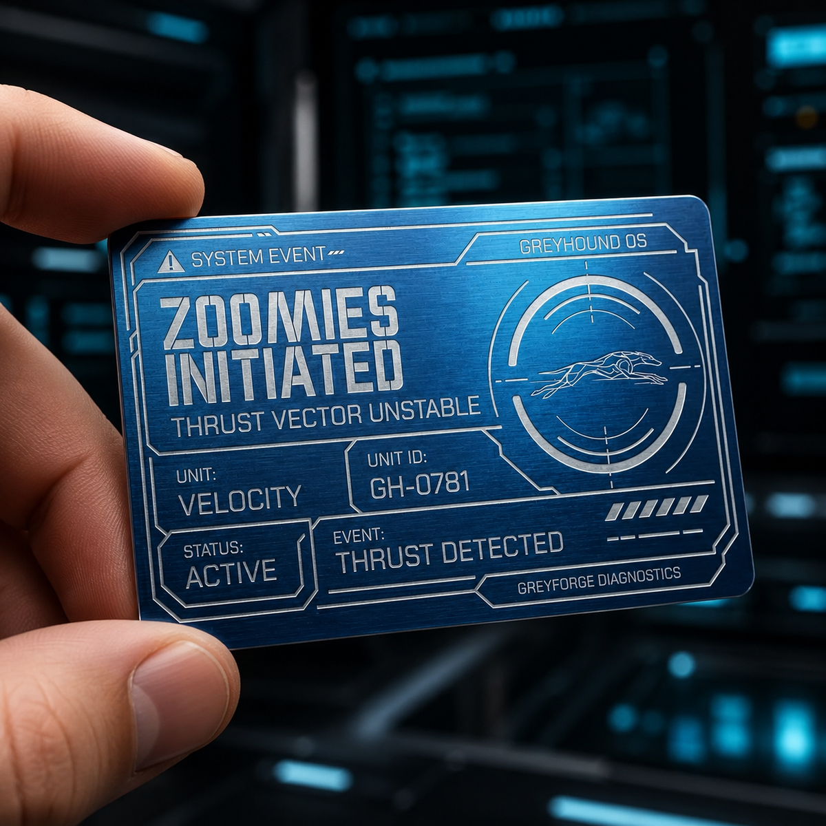 Thin business-card-sized Greyforge Zoomies Initiated Diagnostic Card held between fingers to show scale.